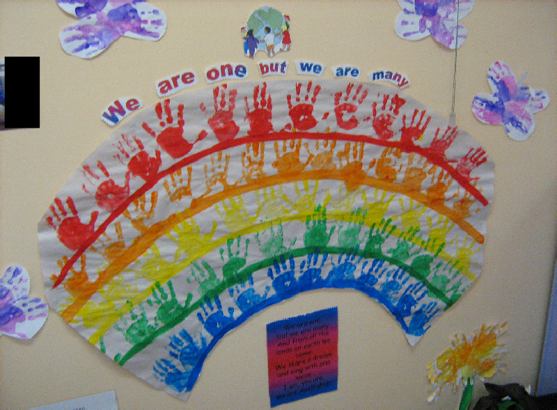 Multicultural hand print rainbow classroom display photo - Photo