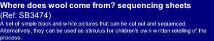 Where does wool come from? sequencing sheets 
(Ref: SB3474)
A set of simple black and white pictures that can be cut out and sequenced.  Alternatively, they can be used as stimulus for children’s own written retelling of the process.