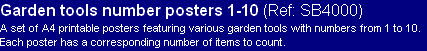 Garden tools number posters 1-10 (Ref: SB4000)
A set of A4 printable posters featuring various garden tools with numbers from 1 to 10.  Each poster has a corresponding number of items to count.