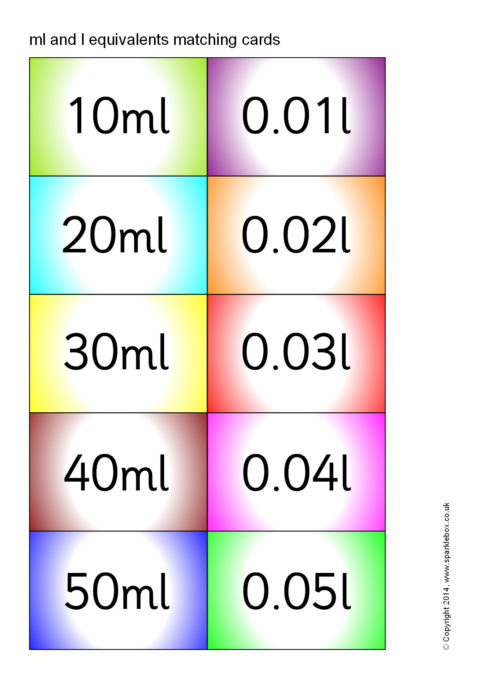 Ml And L Equivalents Matching Cards Colour Sb101 Sparklebox