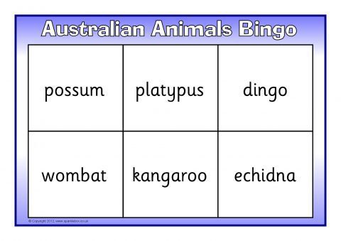 Australian Animals Bingo -